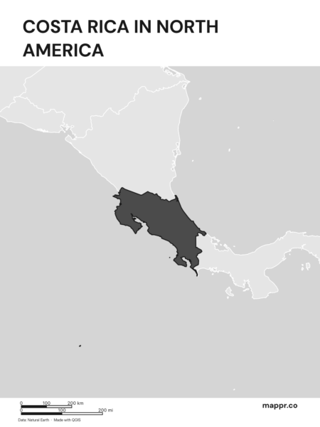 A map highlighting Costa Rica's location on the north american continent (black and white).