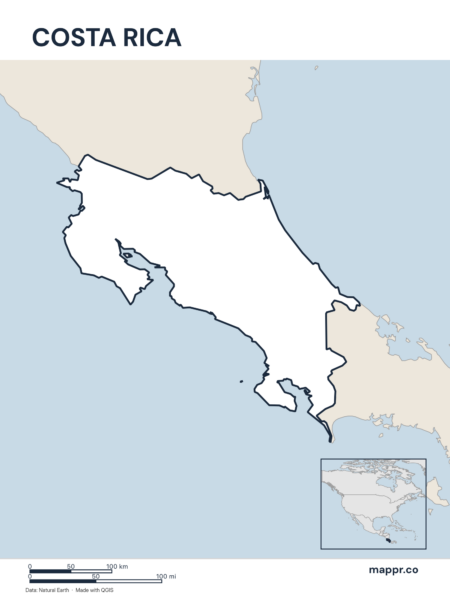 Outline map of Costa Rica with detailed country borders.