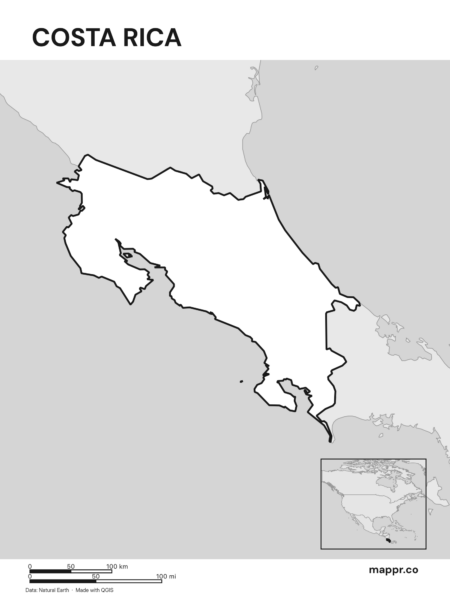 Outline map of Costa Rica with detailed country borders (black and white).