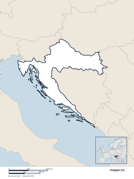 Blank political map of Croatia showing its international borders without labels.