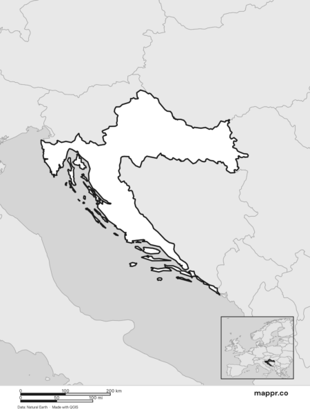 Blank political map of Croatia showing its international borders without labels (black and white).