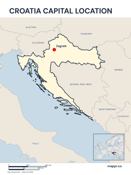 Detailed map pinpointing Zagreb, the capital of Croatia.