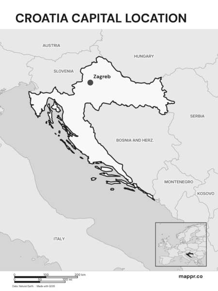 Detailed map pinpointing Zagreb, the capital of Croatia (black and white).