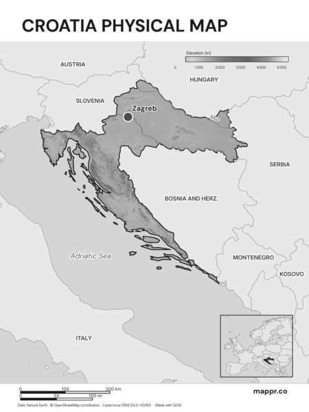 Map featuring Zagreb, the capital of Croatia, with rich topographical detail (black and white).