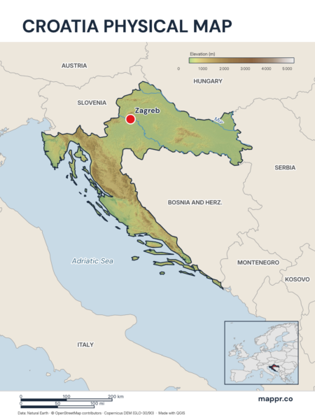 Map featuring Zagreb, the capital of Croatia, with rich topographical detail.