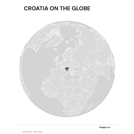 A map highlighting Croatia's location on a globe, marked with a red outline (black and white).