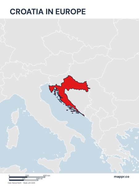A map highlighting Croatia's location on the european continent.