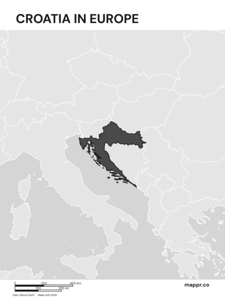 A map highlighting Croatia's location on the european continent (black and white).