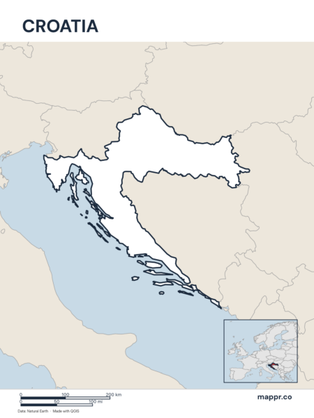 Outline map of Croatia with detailed country borders.