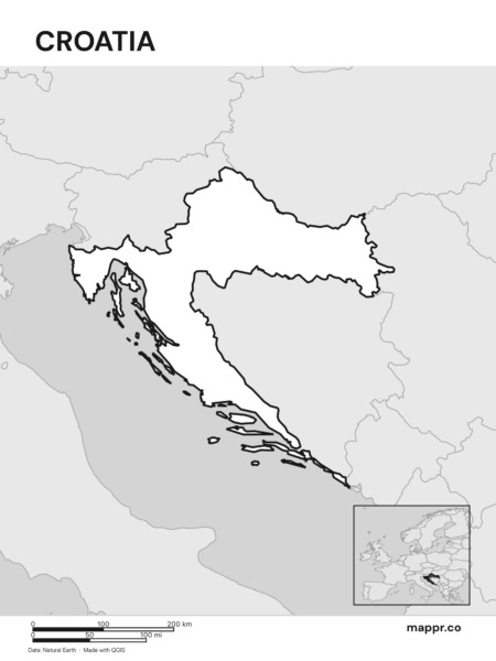 Outline map of Croatia with detailed country borders (black and white).