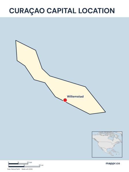 Detailed map pinpointing Willemstad, the capital of Curaçao.