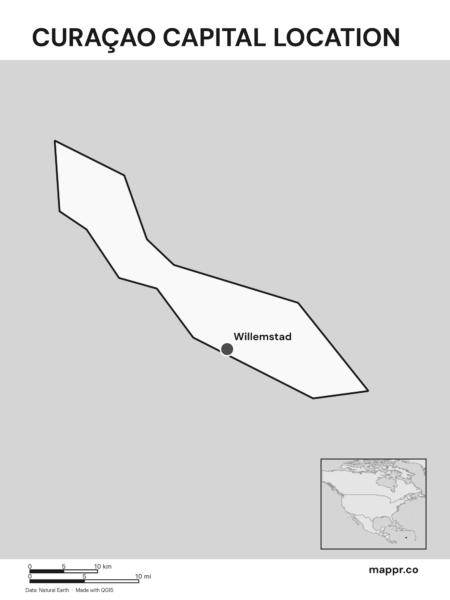 Detailed map pinpointing Willemstad, the capital of Curaçao (black and white).