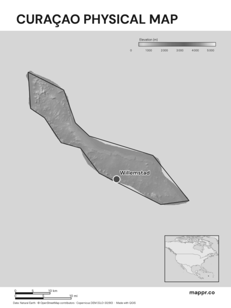 Map featuring Willemstad, the capital of Curaçao, with rich topographical detail (black and white).