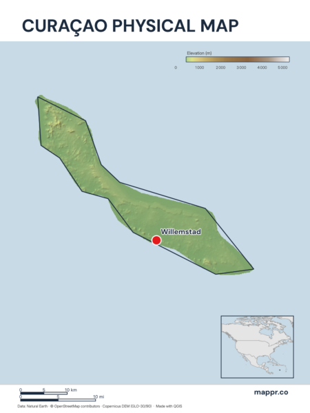 Map featuring Willemstad, the capital of Curaçao, with rich topographical detail.