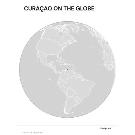 A map highlighting Curaçao's location on a globe, marked with a red outline (black and white).