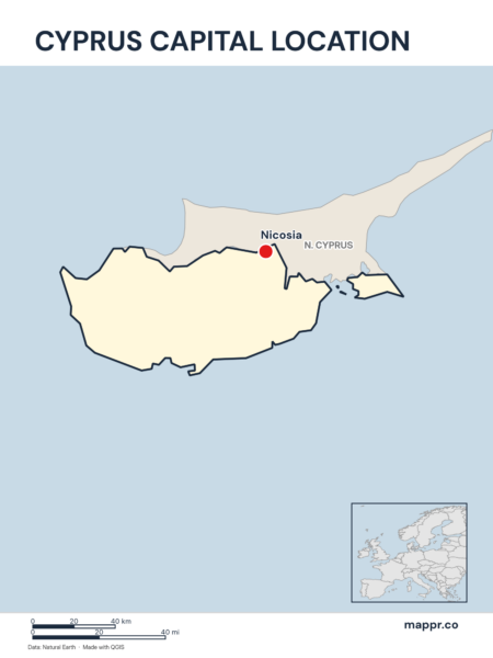 Detailed map pinpointing Nicosia, the capital of Cyprus.