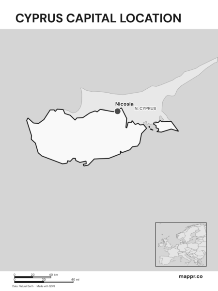 Detailed map pinpointing Nicosia, the capital of Cyprus (black and white).