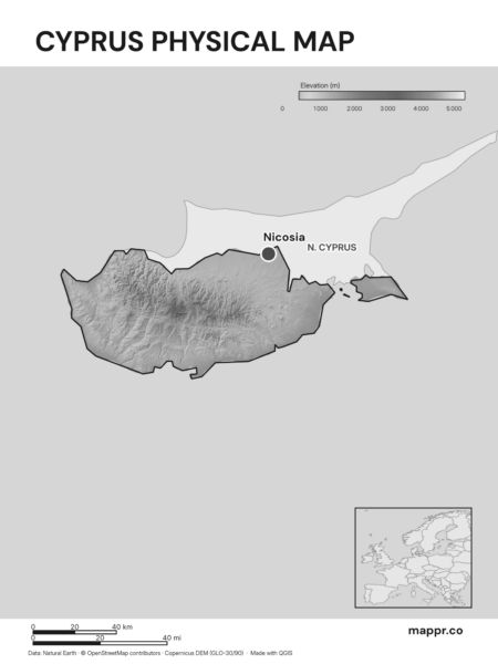 Map featuring Nicosia, the capital of Cyprus, with rich topographical detail (black and white).
