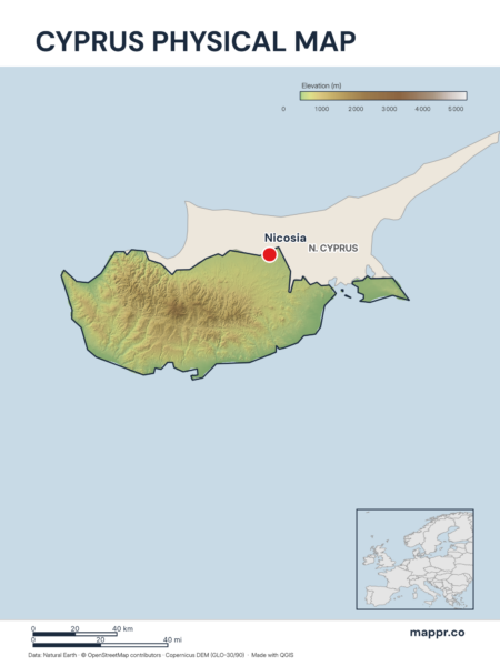 Map featuring Nicosia, the capital of Cyprus, with rich topographical detail.