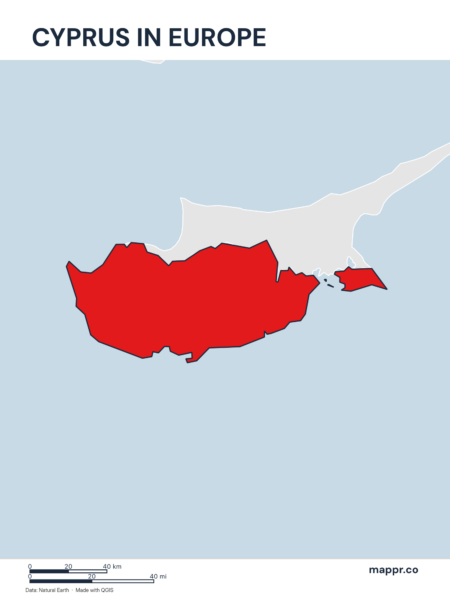 A map highlighting Cyprus's location on the european continent.