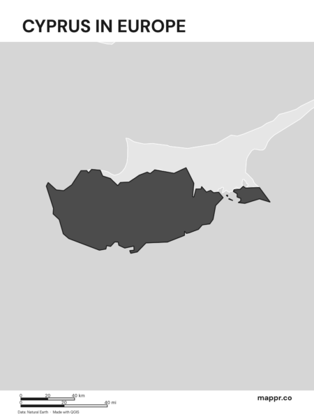 A map highlighting Cyprus's location on the european continent (black and white).