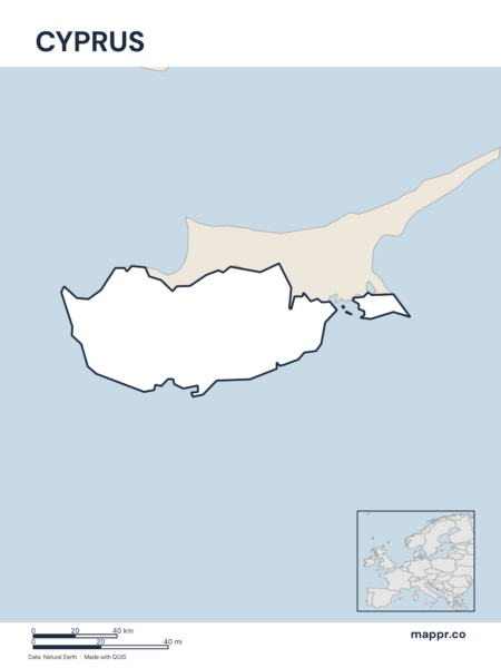 Outline map of Cyprus with detailed country borders.