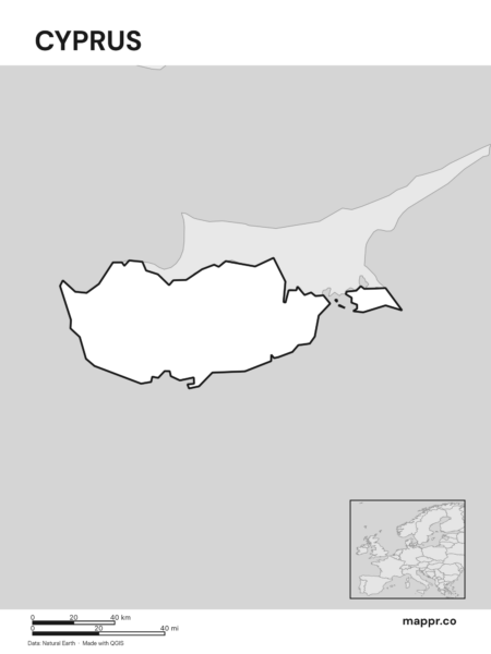 Outline map of Cyprus with detailed country borders (black and white).