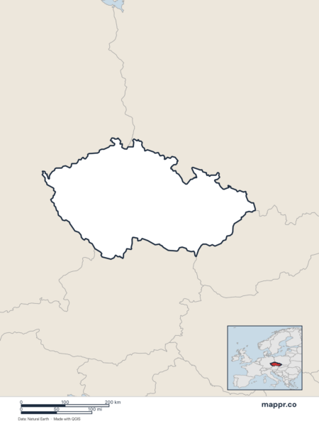 Blank political map of Czechia showing its international borders without labels.