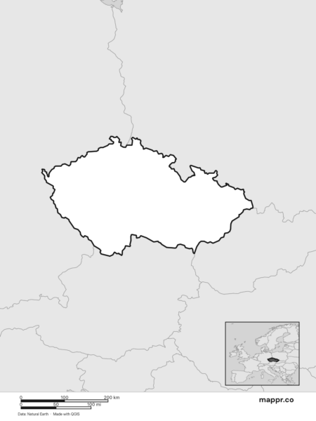 Blank political map of Czechia showing its international borders without labels (black and white).