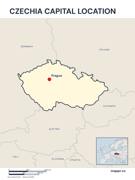 Detailed map pinpointing Prague, the capital of Czechia.