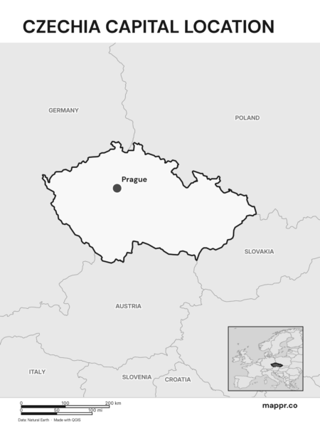 Detailed map pinpointing Prague, the capital of Czechia (black and white).