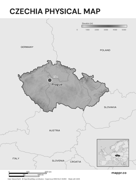Map featuring Prague, the capital of Czechia, with rich topographical detail (black and white).