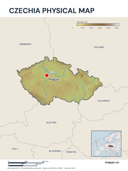 Map featuring Prague, the capital of Czechia, with rich topographical detail.