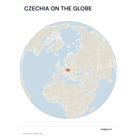 A map highlighting Czechia's location on a globe, marked with a red outline.