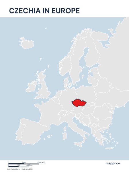A map highlighting Czechia's location on the european continent.