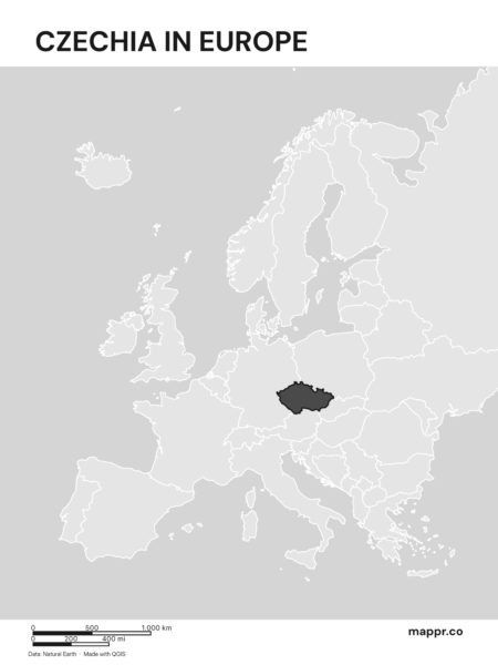 A map highlighting Czechia's location on the european continent (black and white).