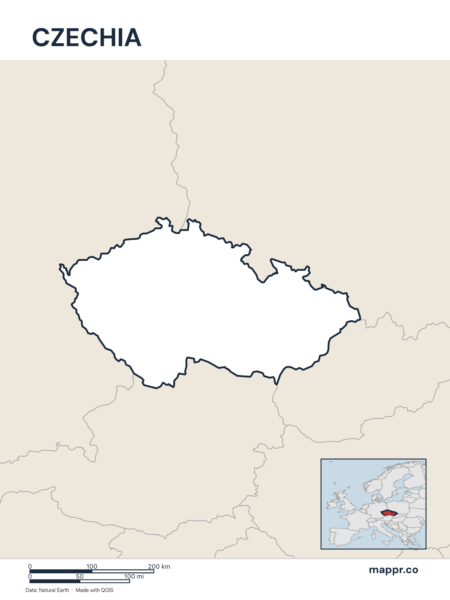 Outline map of Czechia with detailed country borders.