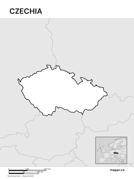 Outline map of Czechia with detailed country borders (black and white).