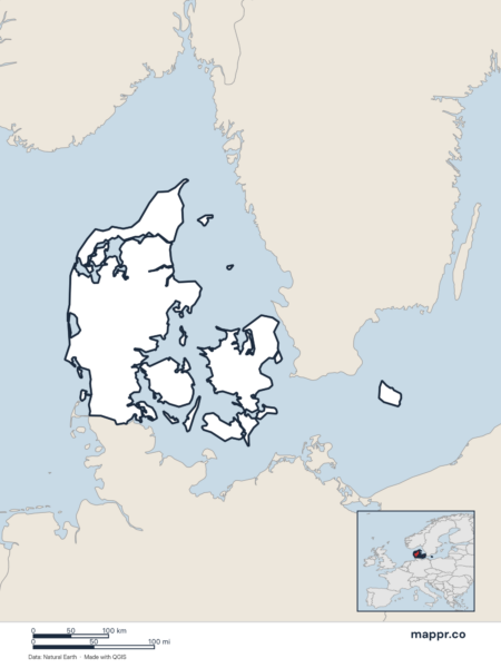 Blank political map of Denmark showing its international borders without labels.