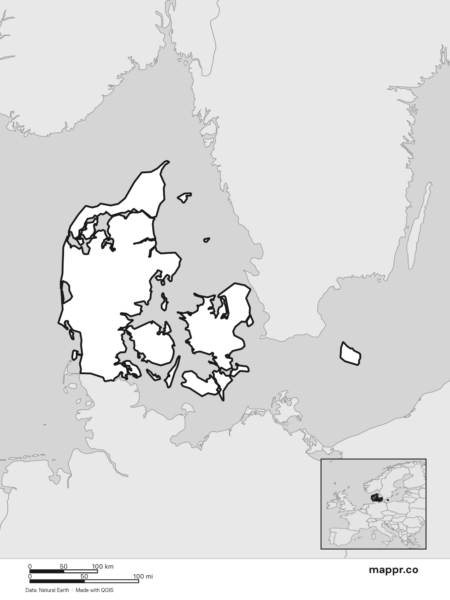 Blank political map of Denmark showing its international borders without labels (black and white).