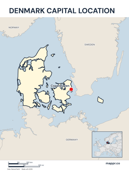 Detailed map pinpointing Copenhagen, the capital of Denmark.
