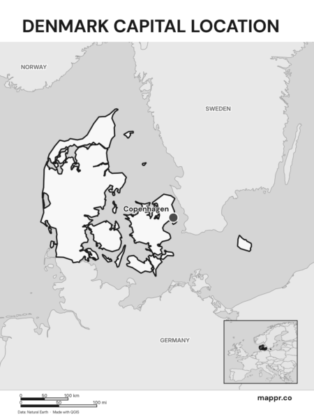 Detailed map pinpointing Copenhagen, the capital of Denmark (black and white).