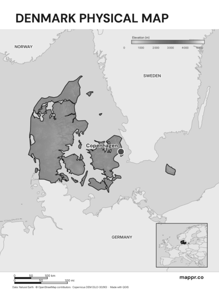 Map featuring Copenhagen, the capital of Denmark, with rich topographical detail (black and white).
