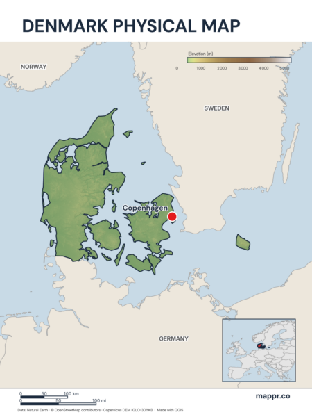 Map featuring Copenhagen, the capital of Denmark, with rich topographical detail.