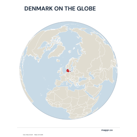 A map highlighting Denmark's location on a globe, marked with a red outline.