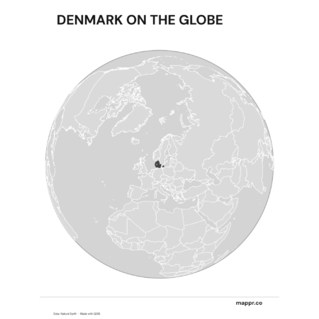 A map highlighting Denmark's location on a globe, marked with a red outline (black and white).