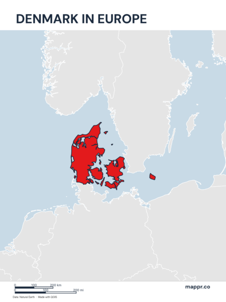 A map highlighting Denmark's location on the european continent.