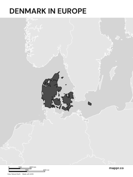 A map highlighting Denmark's location on the european continent (black and white).