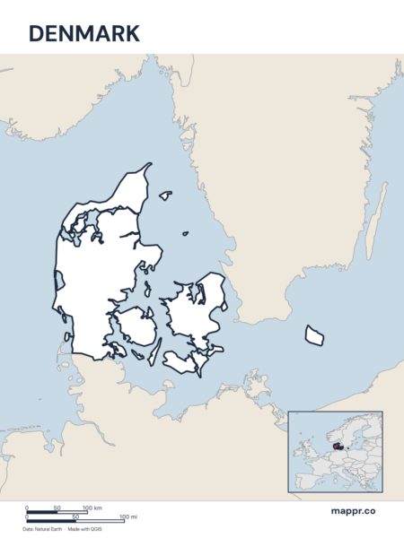 Outline map of Denmark with detailed country borders.