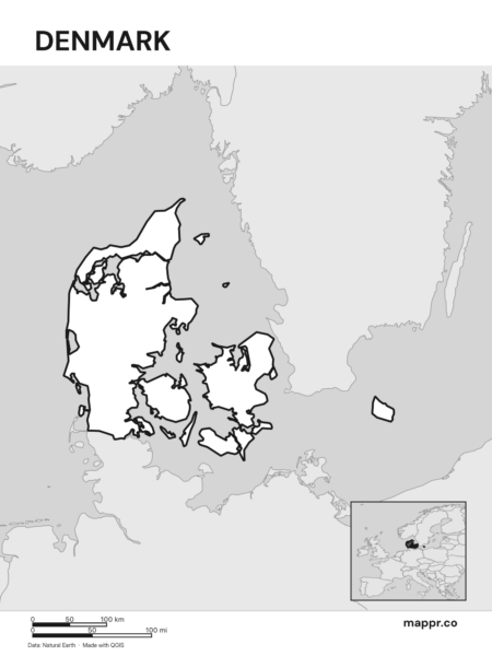 Outline map of Denmark with detailed country borders (black and white).
